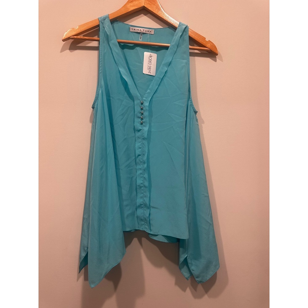 Trina Turk Lodi Top Aquarius Blue Silk Handkerchief Hem Sleeveless Blouse Small